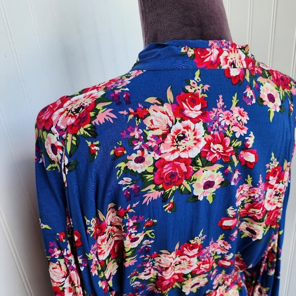Women's Blue Pink Floral Rayon Cotton Mini Robe Kinomo One Size OS - Picture 7 of 12